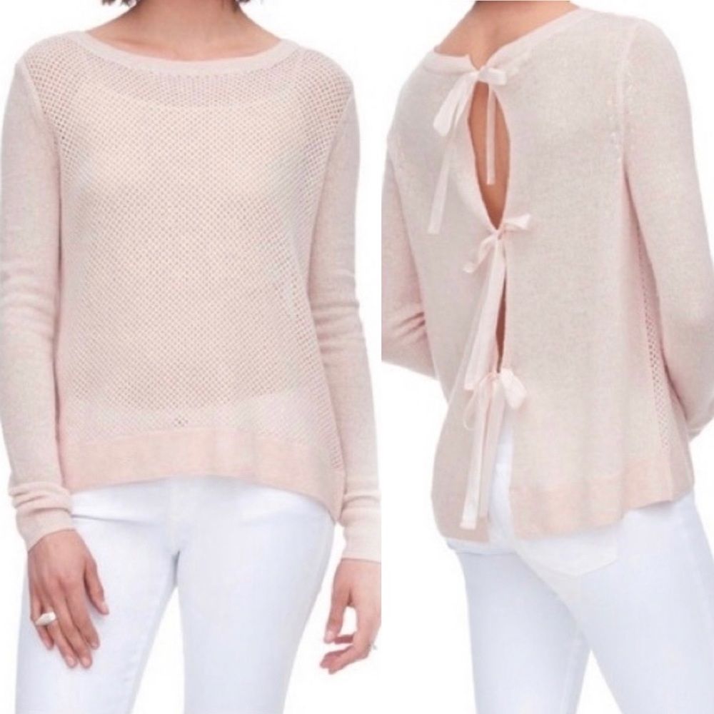 REBECCA TAYLOR Mesh Cashmere Wool Tie Back Pink Sweater Size S